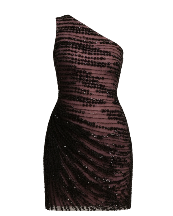Black Sequin One-Shoulder Ruched Mini Dress – Asymmetric Drop Waist Party Outfit