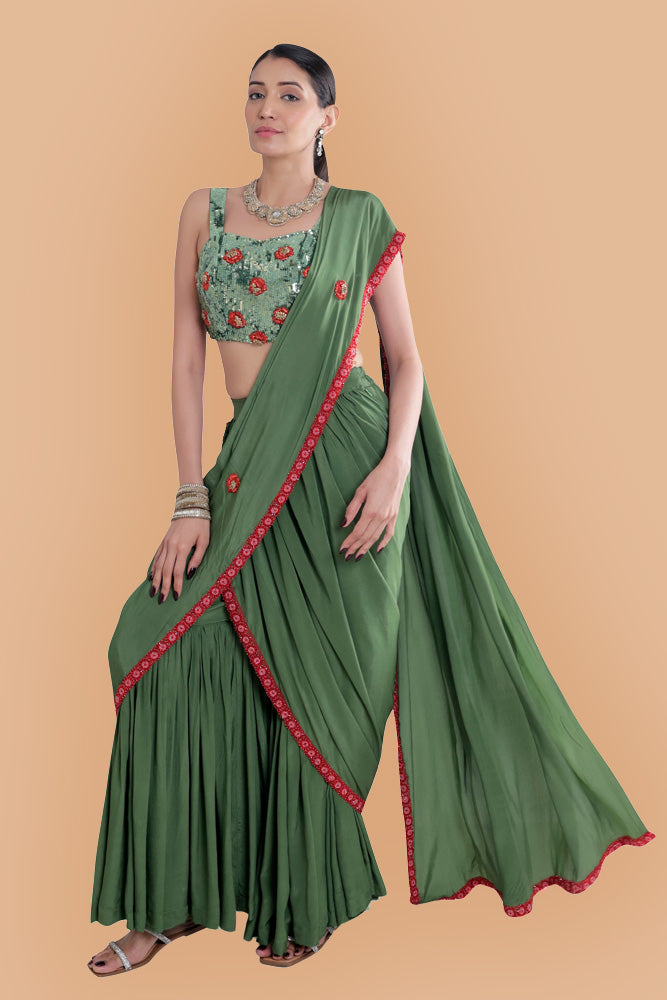 Silk Green Saree & Hand Embroidered Blouse