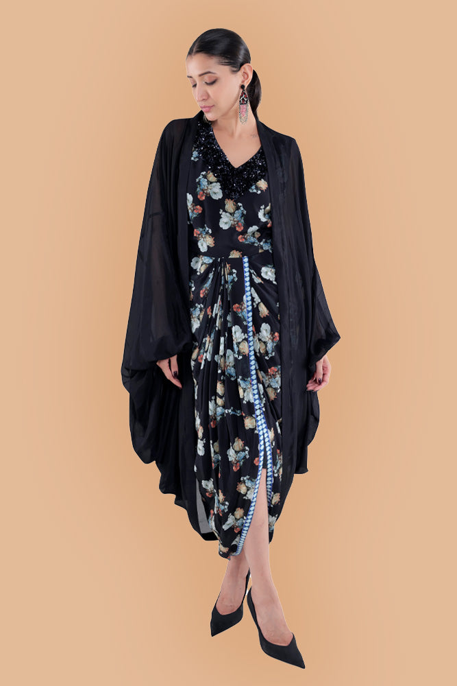 Printed Black Draped Skirt Dress With Cape