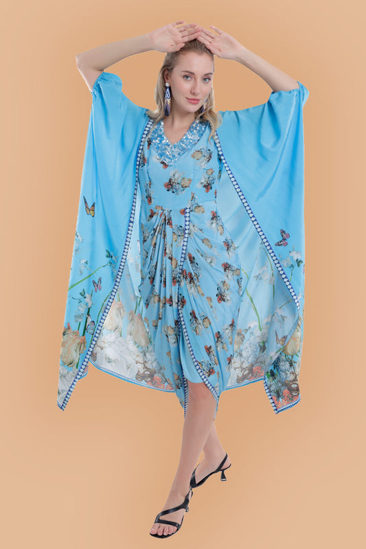 Printed Sky Blue Draped Skirt Dress With Cape