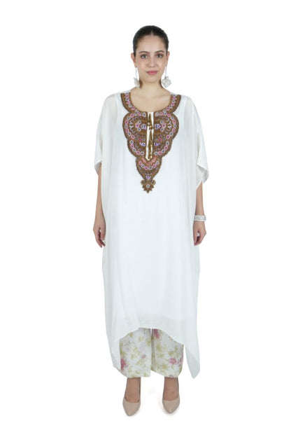 Hand Embroidered White Silk Tunic Set