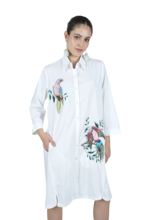 Bird Embroidered White Shirt Dress