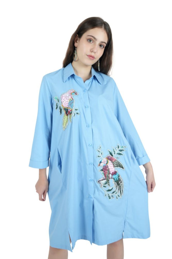 Bird Embroidered White Shirt Dress