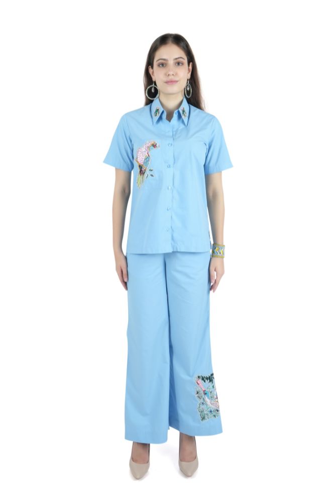 Appliqué Bird Embroidered Blue Co-ord Set