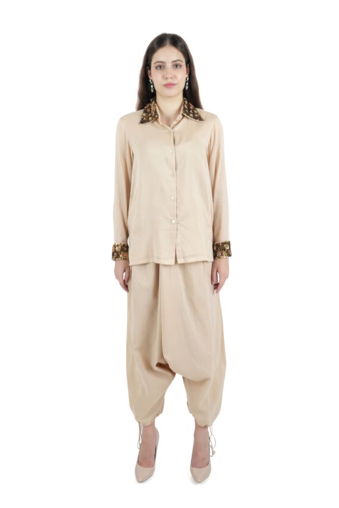 Beige Embroidered Dhoti Co-ord Set