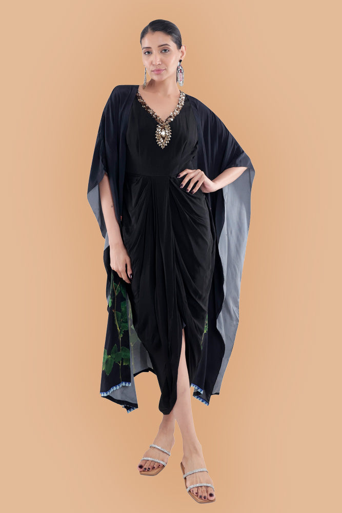 Black Draped Dress & Printed Kaftan Styled Cape