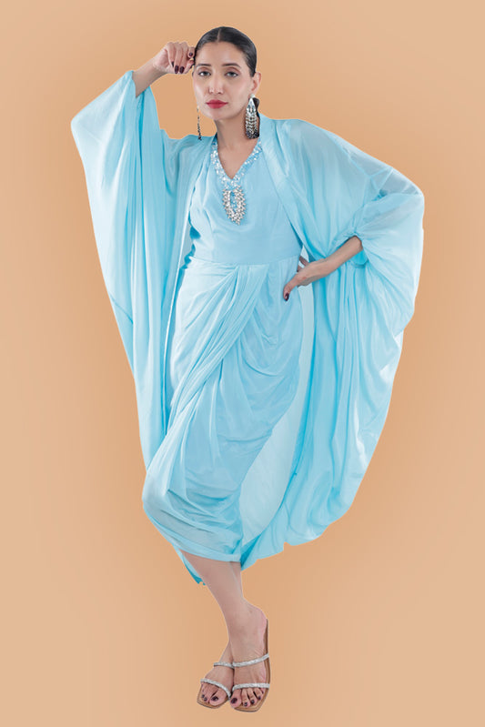 Sky Blue Embroidered Dress With Ruched Cape