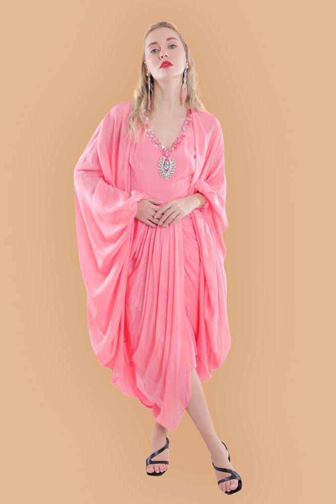 Peach Embroidered Draped Dress With Ruched Cape