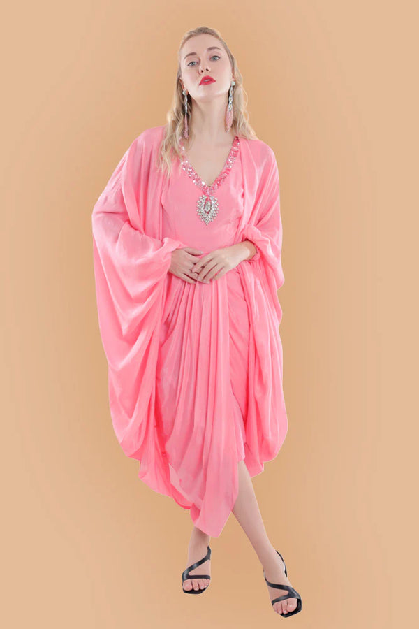 Embroidered Dress in Sky Blue/ Peach/ Aqua Blue  colours With Ruched Cape