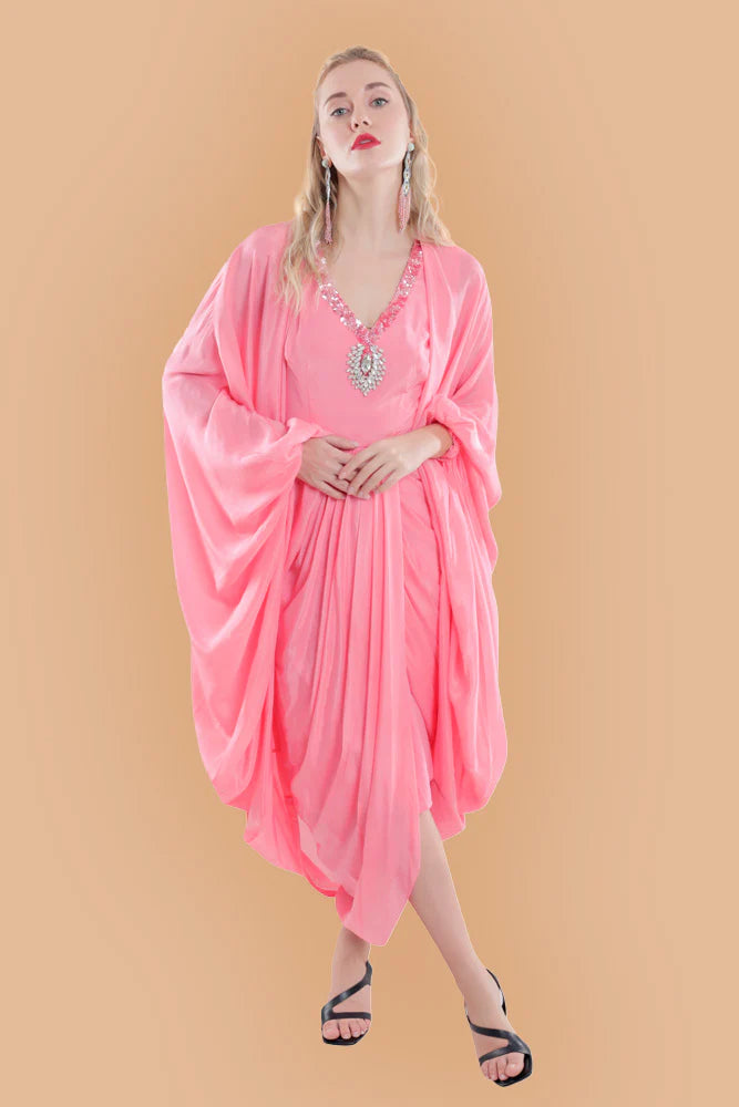 Embroidered Dress in Sky Blue/ Peach/ Aqua Blue  colours With Ruched Cape