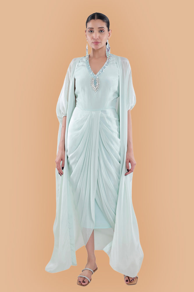 Embroidered Draped Dress With Ruched Cape