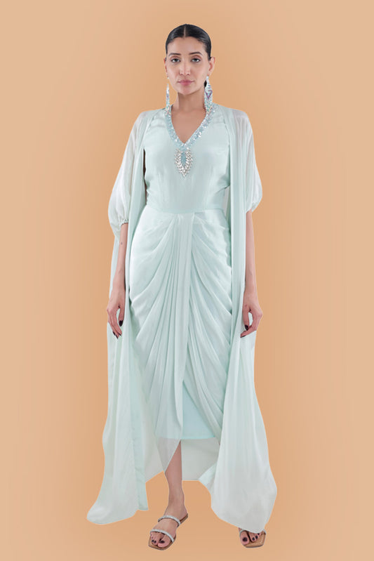 Embroidered Draped Dress With Ruched Cape