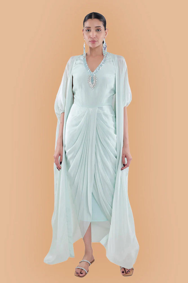Embroidered Dress in Sky Blue/ Peach/ Aqua Blue  colours With Ruched Cape