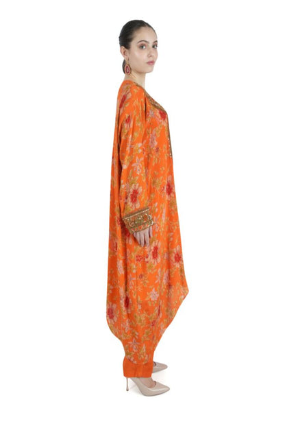 Hand Embroidered Orange Silk Tunic Set