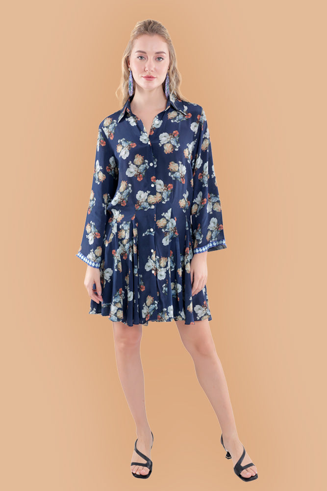 Pleated Floral Shirt Dress