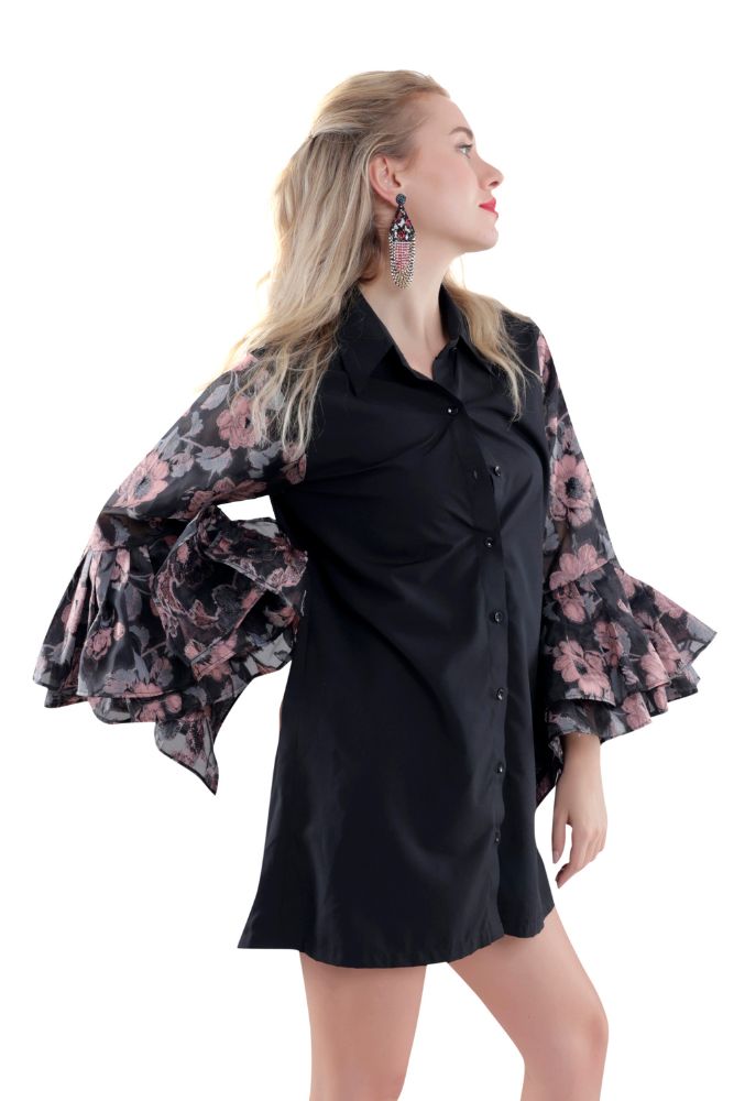 Floral Pleated Sleeve Shirt Dress