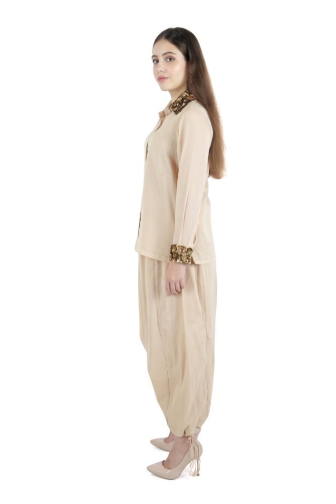 Beige Embroidered Dhoti Co-ord Set