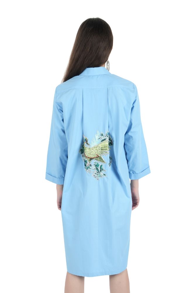 Bird Embroidered White Shirt Dress