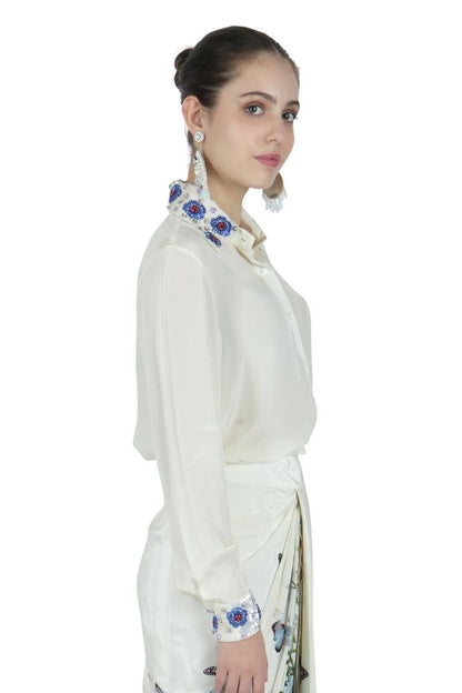 Flower Embroidered Silk Shirt