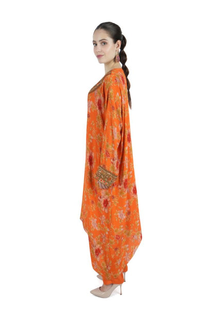 Hand Embroidered Orange Silk Tunic Set