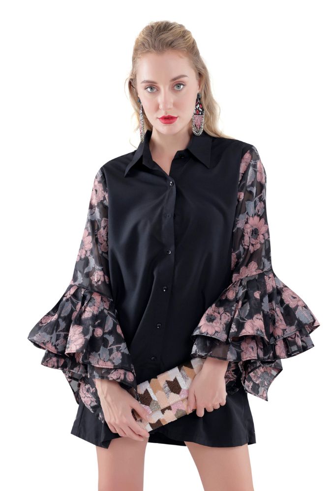 Floral Pleated Sleeve Shirt Dress