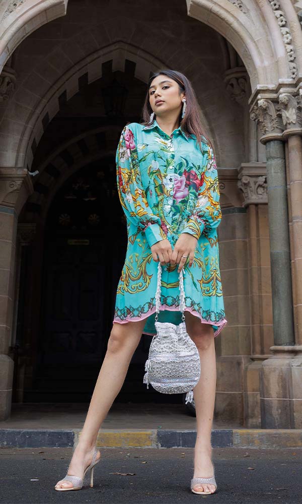 Printed Shirt Dress With Balloon Sleeves