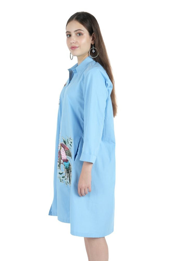 Bird Embroidered White Shirt Dress