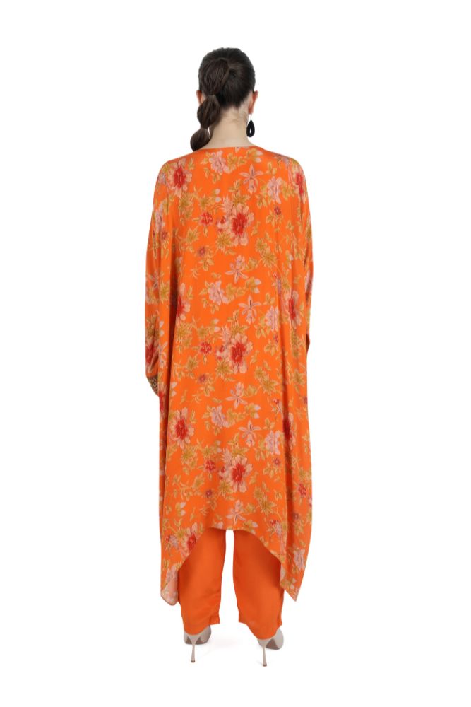 Hand Embroidered Orange Silk Tunic Set