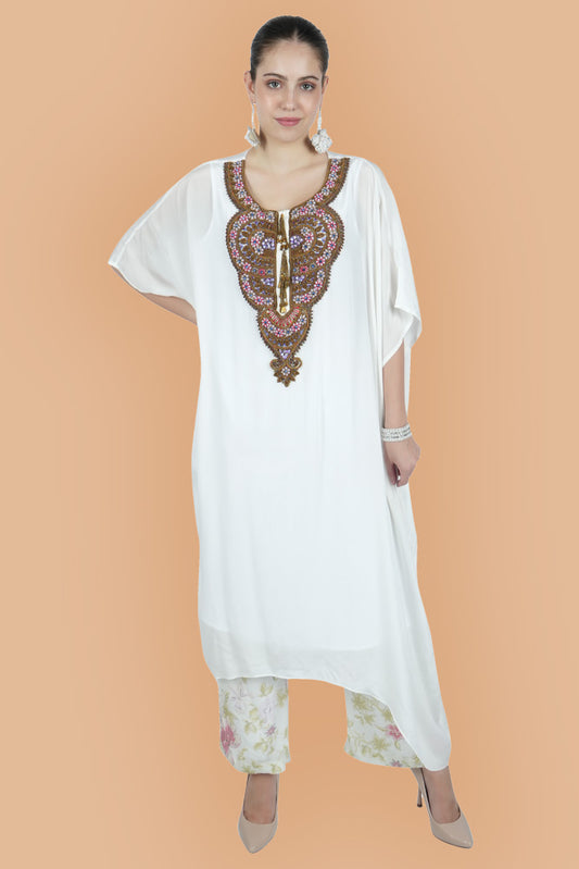 Hand Embroidered White Silk Tunic Set