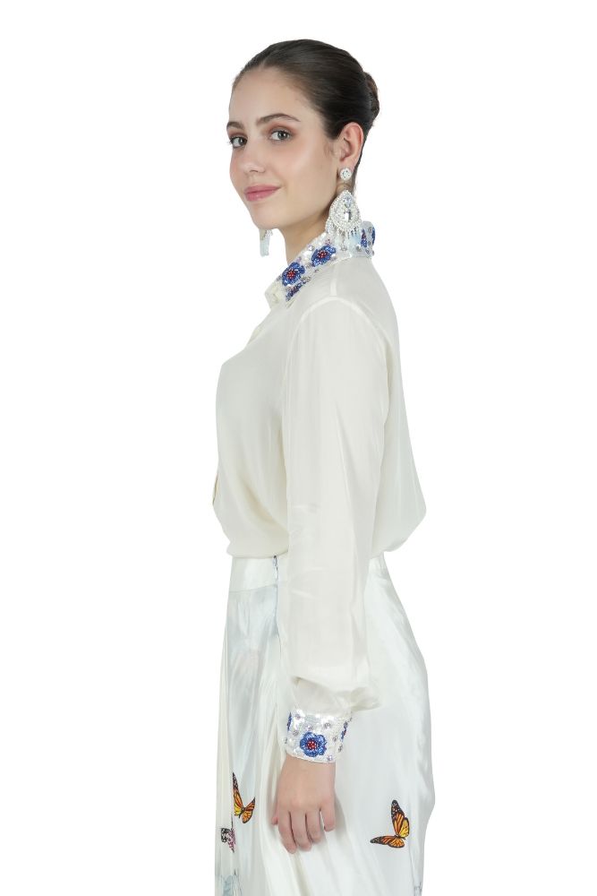 Flower Embroidered Silk Shirt