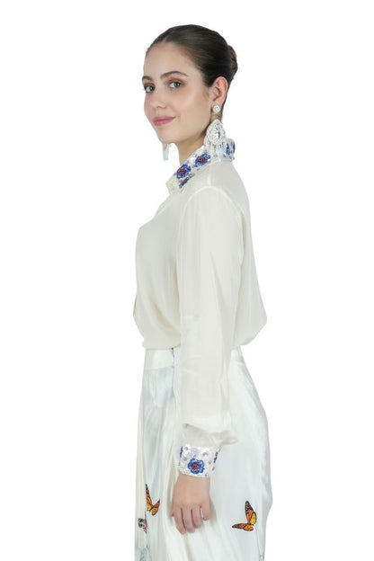 Flower Embroidered Silk Shirt