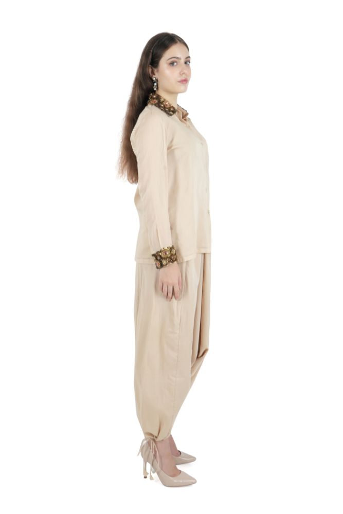 Beige Embroidered Dhoti Co-ord Set