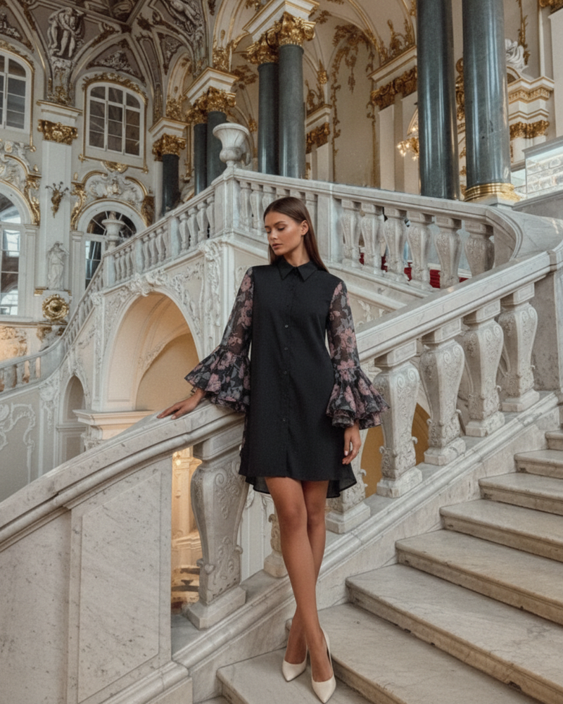 Floral Pleated Sleeve Shirt Dress