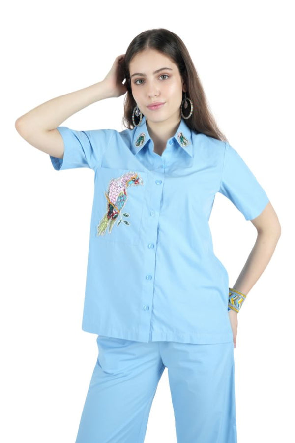 Appliqué Bird Embroidered Blue Co-ord Set