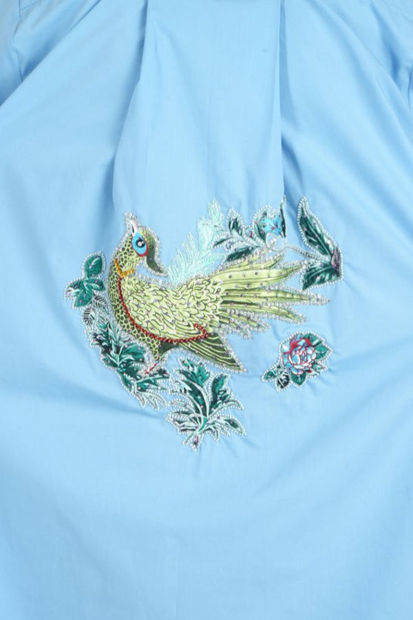 Bird Embroidered White Shirt Dress