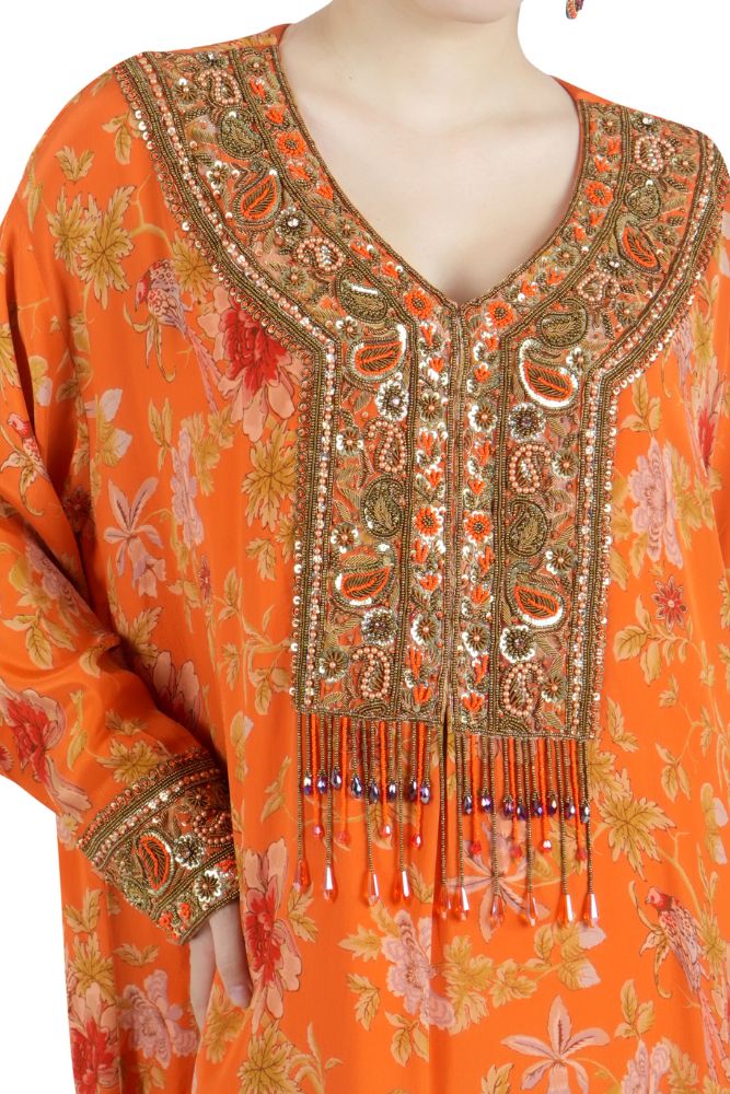 Hand Embroidered Orange Silk Tunic Set