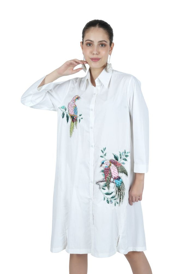 Bird Embroidered White Shirt Dress