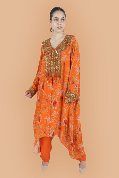 Hand Embroidered Orange Silk Tunic Set