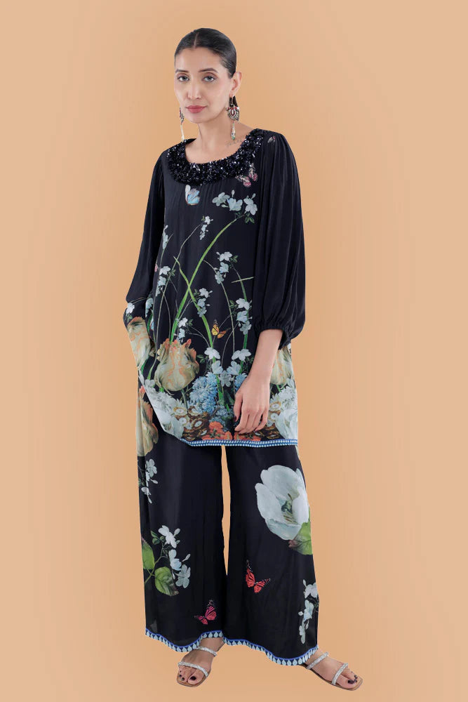 Floral Printed Silk Balloon Sleeve in Black/White/Blue Co-ord Sets