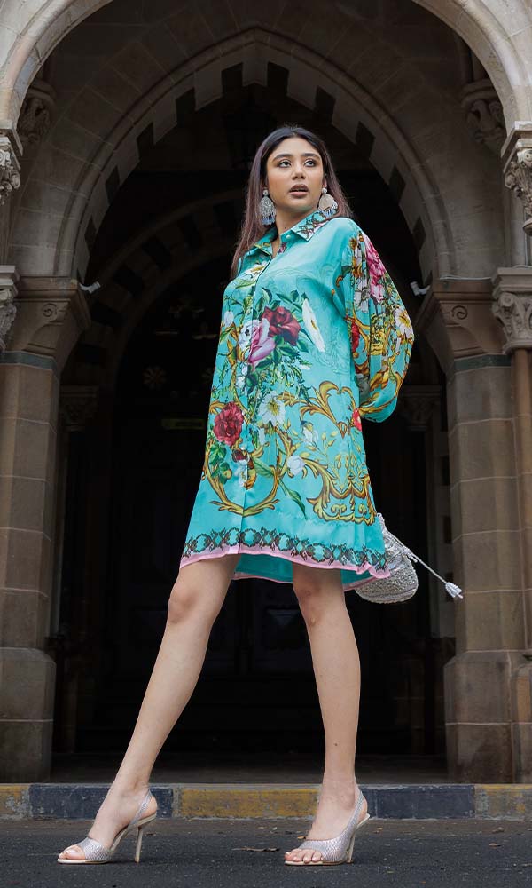 Printed Shirt Dress With Balloon Sleeves