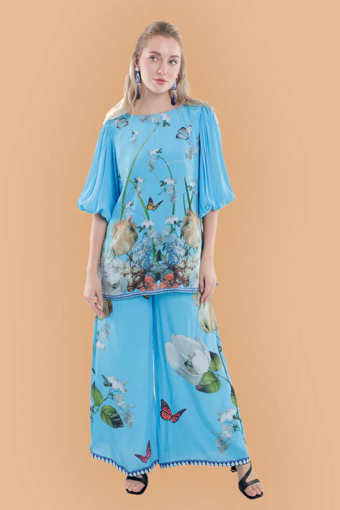 Floral Printed Silk Balloon Sleeve in Black/White/Blue Co-ord Sets