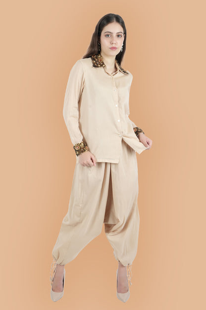 Beige Embroidered Dhoti Co-ord Set