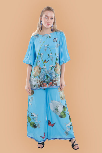 Sky Blue Silk Balloon Sleeve Co-ord Set