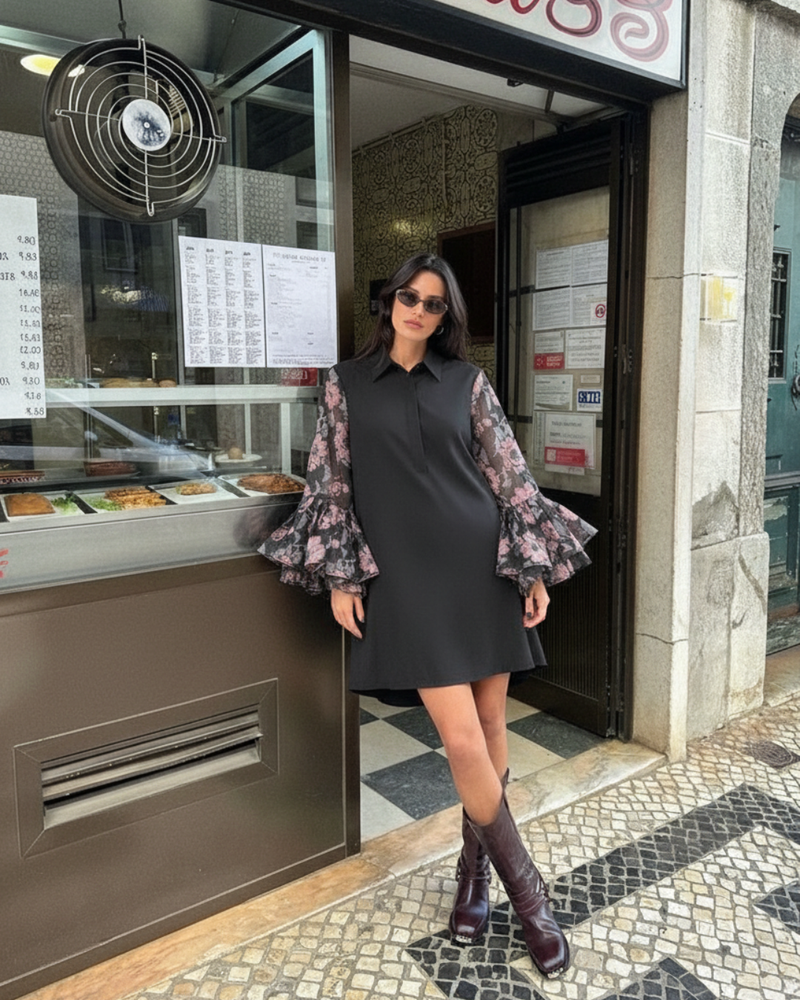 Floral Pleated Sleeve Shirt Dress