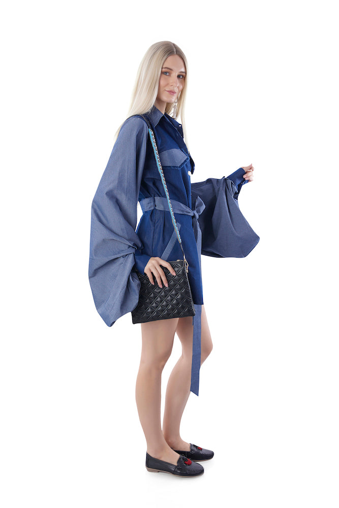 Color Block Denim Shirt dress With Belt