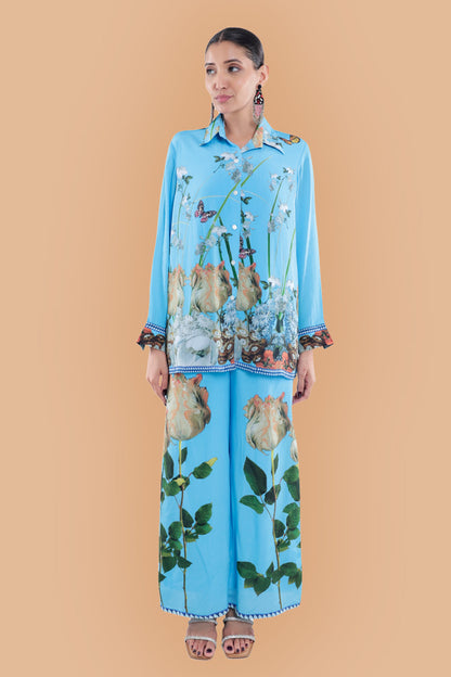 Sky Blue Floral Silk Co-ord Set