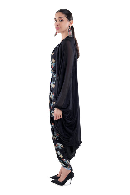 Printed Black Draped Skirt Dress With Cape