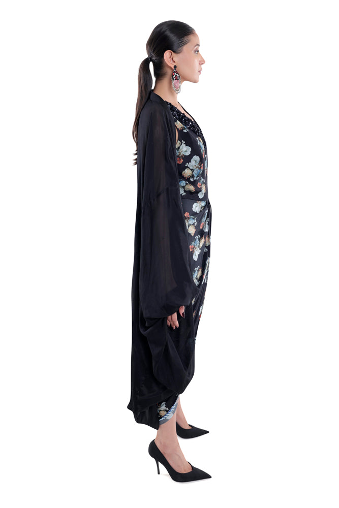 Printed Black Draped Skirt Dress With Cape