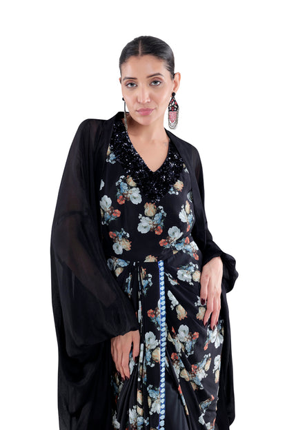 Printed Black Draped Skirt Dress With Cape