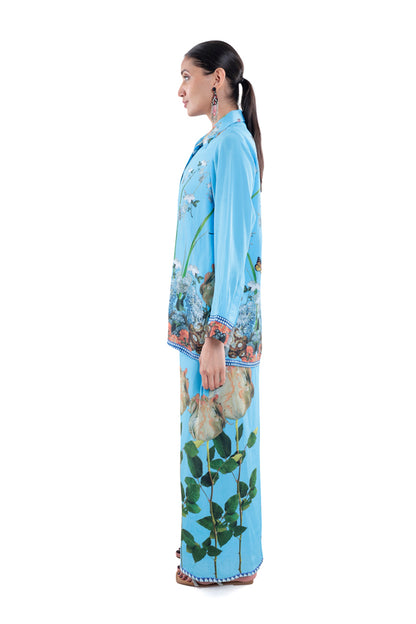 Sky Blue Floral Silk Co-ord Set